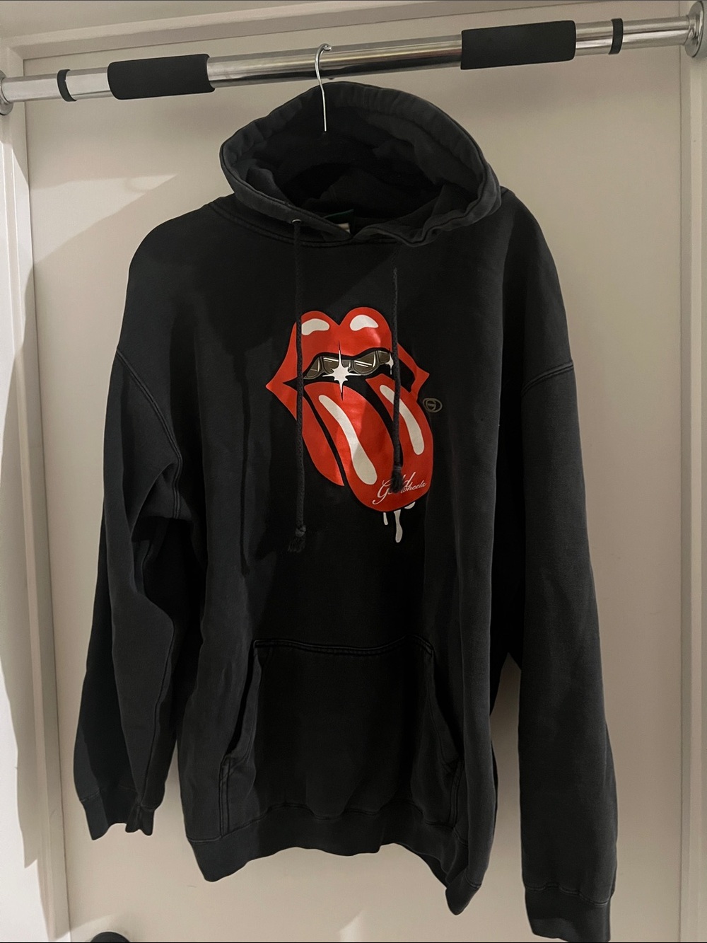 Black Crewneck Hoodie with Red Tongue Graphic